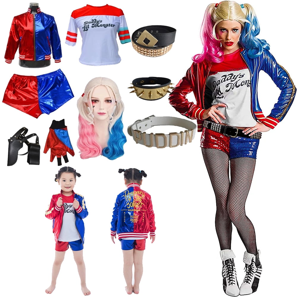Alaiyaky Harley Donne Cosplay Costume,Suicide Squad Halloween Outfit  Include Giacca,Pantaloncini,T-shirt,Guanti,Collare (XL, Rosso E Blu) :  : Moda