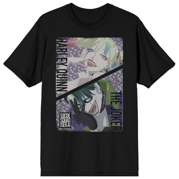 Suicide Squad Isekai Harley & Joker Split Image Adult Black Crew Neck Short Sleeve T-shirt - 6XL