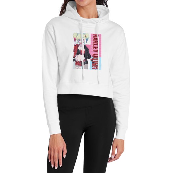 Suicide Squad Isekai Harley Quinn Women's Cropped Hoodie Pullover Sweatshirt, White, X-Small