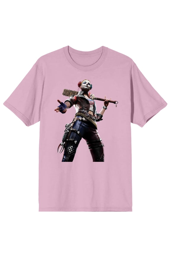 Suicide Squad: Kill the Justice League Harley Quinn Men's Pink Short Sleeve Crew Neck Tee-Medium