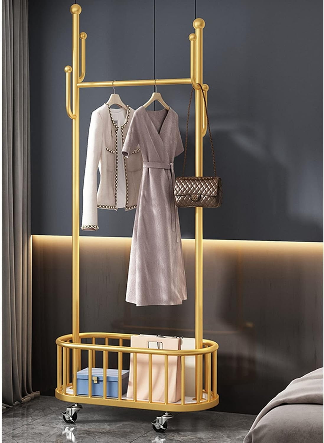 Suicune Metal Coat Rack with 4 Hooks and Open Basket and Casters ...