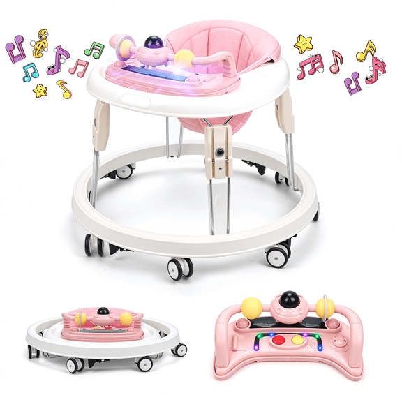 Suihuooo Baby Walker with Music and Lights ,Foldable Baby Activity Center with Wheels for Infant Boys Girls 6-18 Months,Pink