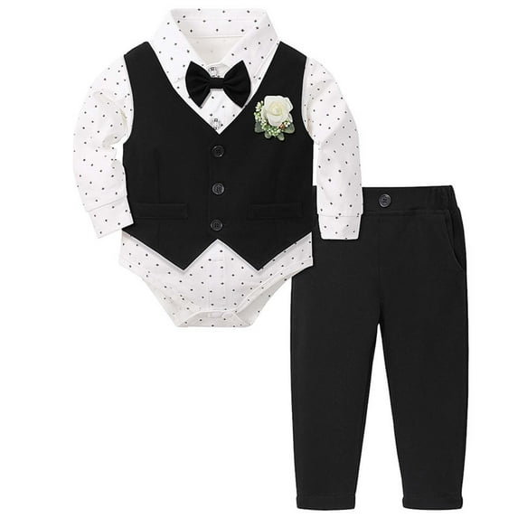 Suilloe Newborn Boys Outfit Sets Tuxedo Gentleman Set With Bodysuit Vest Pants Chest Flower Tie Kids Boys Formal Elegant Birthday Wedding Party Delicate Outfit Sets,5 Piece,0 -3 Months