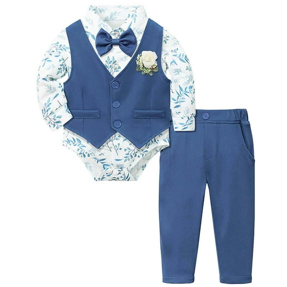Suilloe Boys Outfit Sets Tuxedo Gentleman Set With Bodysuit Vest Pants Chest Flower Tie Kids Boys Formal Elegant Birthday Wedding Party Delicate Outfit Sets,5 Pieceï¼3 -6 Months