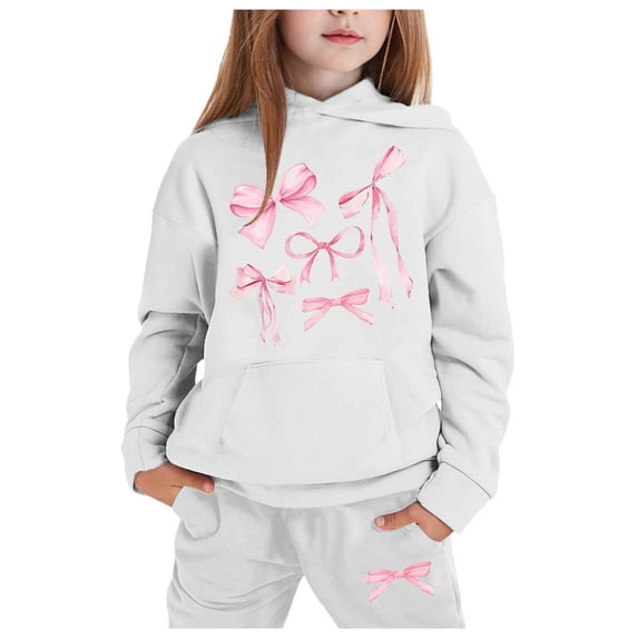 Suilloe Toddler Girls Activewear Outfits Pink Bow Print Long Sleeve Hoodie Pullover Tops Pants 2Pc Set Kids Fasion Dailywear Sports Suit Hoodies Sets,12-13Years