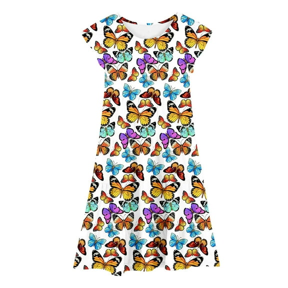 Suilloe Toddler Girls Dresses Colorful Butterfly Print Short Sleeve Dress Spring Summer Casual Party Comfortable Stretchy Waist Dresses8 -9 Years