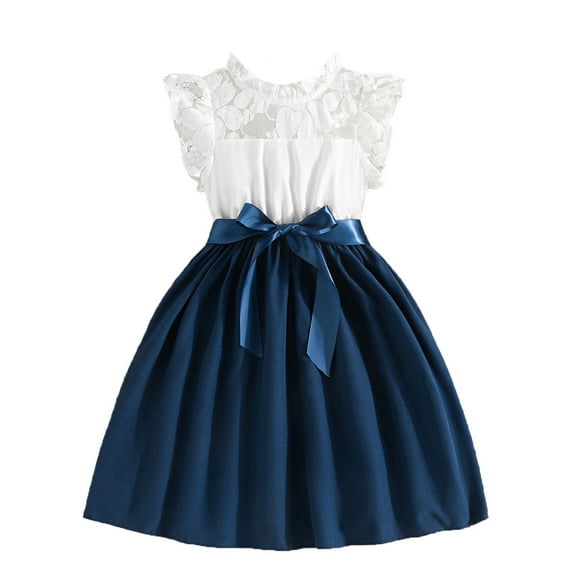 Suilloe Toddler Girls Dresses Fly Sleeve New Lace Patchwork Solid Ribbon Belt Dress Kids Girls Formal Wedding Party Pageant Ball Gowns Princess Dresses3 -4 Years