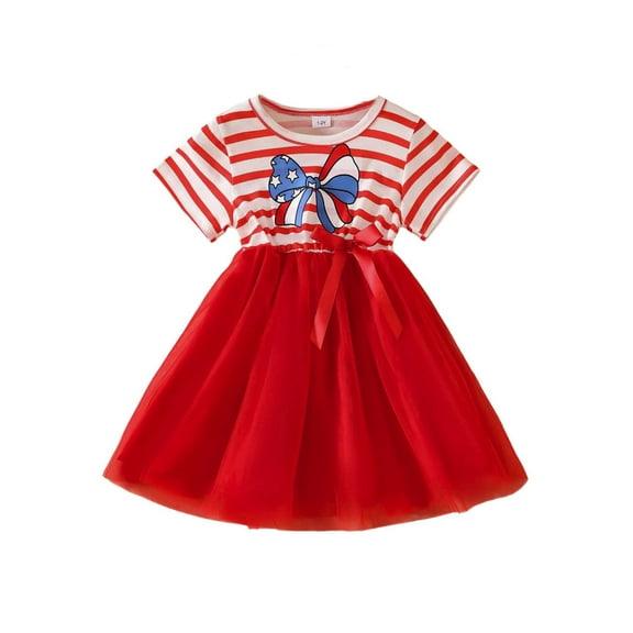 Suilloe Toddler Girls Dresses Independence Day Star Print Short Sleeve Striped Splicing Tutu Dress Kids Girls Summer Comfortable Elastic Play Dresses1 -2 Years