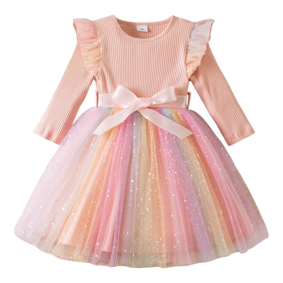 Suilloe Toddler Girls Dresses Long Sleeve Gradient Mesh Tutu Dress Kids Girls Spring Summer Formal Birthday Gown Party Princess Dresses1 -2 Years