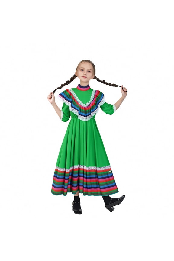 Toddler Girls Dresses Long Sleeve Turtleneck Wearing Long Dress Kids Girls Mexican Party Role Playing Ethnic Dance Dresses7 -8 Years