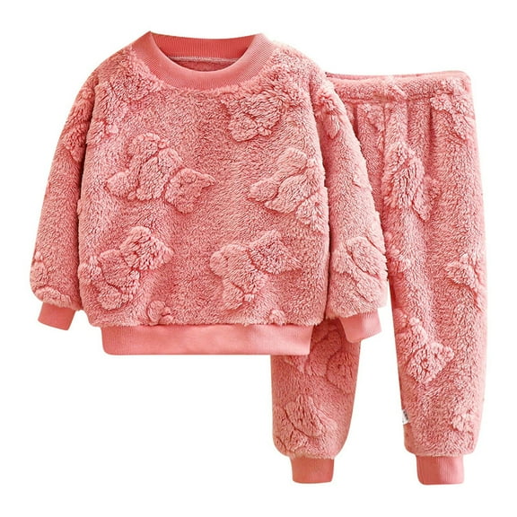 Suilloe Toddler Girls Outfit Sets Thicken Solid Long Sleeve Cute Design Tops Pants Sleepwear Set Winter Cozy Warm Jacquard Homewear Fuzzy Clothes 2Pc Outfits,3-4Years