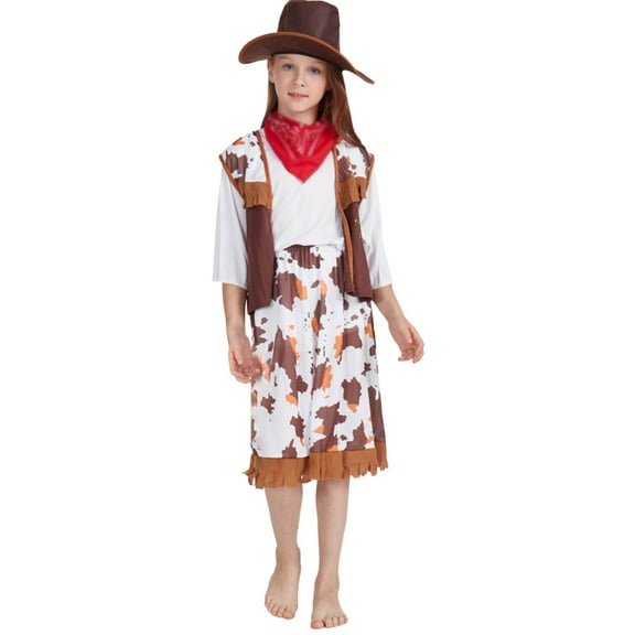 Suilloe Toddler Girls Outfit Sets Sleeveless Vest Skit T-Shirt With Scarf Hat Set Kids Girls Western Cowboy Party Stage Parent Outfit Set,5 Pieceï¼5 -6 Years