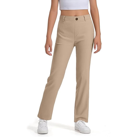 Suilloe Toddler Girls School Uniformss Pants Slim Straight Flat Front Pants Elastic Waist Comfy Uniform Trousers With Pockets,Khaki,7-8Years