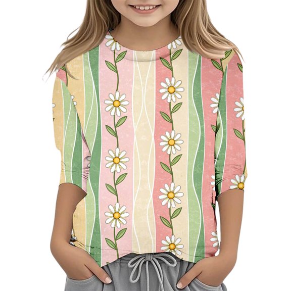 Suilloe Toddler Girls Shirts Summer Cute Floral Print 3/4 Sleeve Round Neck Top Kids Girls Home Outdoor Fashionable Athleisure Comfortable Shirts,7 -8 Years