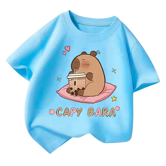 Suilloe Toddler Girls T-Shirt Short Sleeve Capybara Print Round Neck Tee Kids Girls Daily Wear School Outdoor Play Comfortable T-Shirts,10 -12 Years