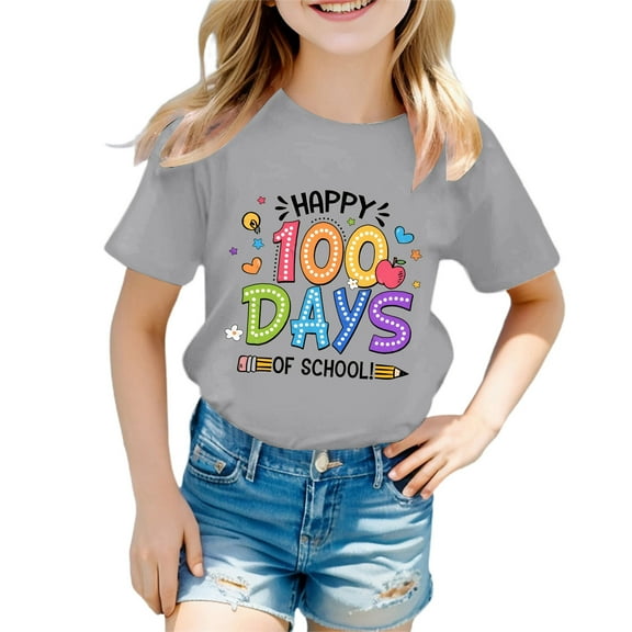 Suilloe Toddler Girls T-Shirts 100 Days Of School Print Round Neck Short Sleeve Tee Kids Girls Spring Summer Comfy And Style Tee Tops，10 -11 Years