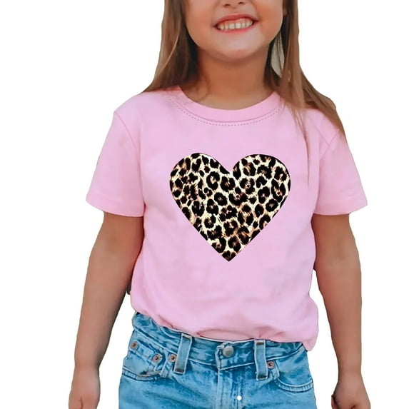 Suilloe Toddler Girls T-Shirts Short Sleeve Round Neck Leopard Heart Print T-Shirt Kids Girls Summer Loose Fashion Outdoor Leisure T-Shirts,7 -8 Years