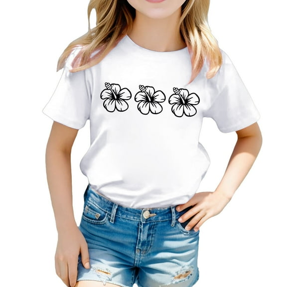 Suilloe Toddler Girls Tee Tops Flower Printing Crewneck Short Sleeve Top Casual Wear Trendy Loose Kids Girls Summer Tee Tops,12 -13 Years