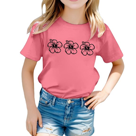 Suilloe Toddler Girls Tee Tops Flower Printing Crewneck Short Sleeve Top Casual Wear Trendy Loose Kids Girls Summer Tee Tops,3 -4 Years