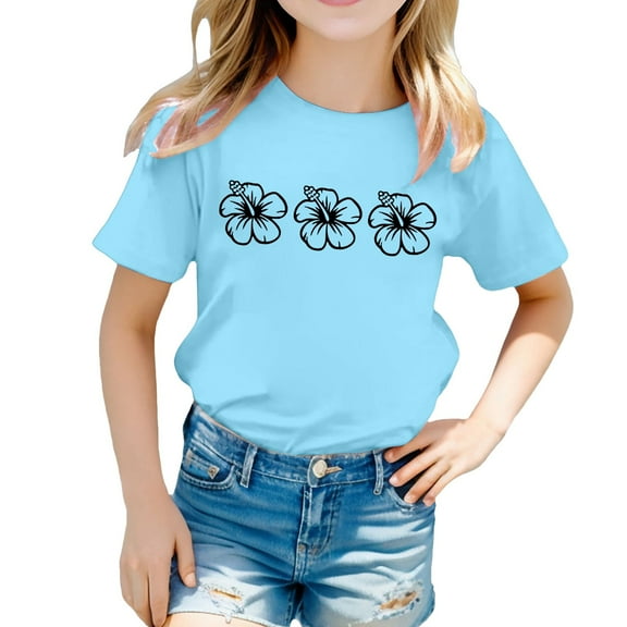 Suilloe Toddler Girls Tee Tops Flower Printing Crewneck Short Sleeve Top Casual Wear Trendy Loose Kids Girls Summer Tee Tops,5 -6 Years
