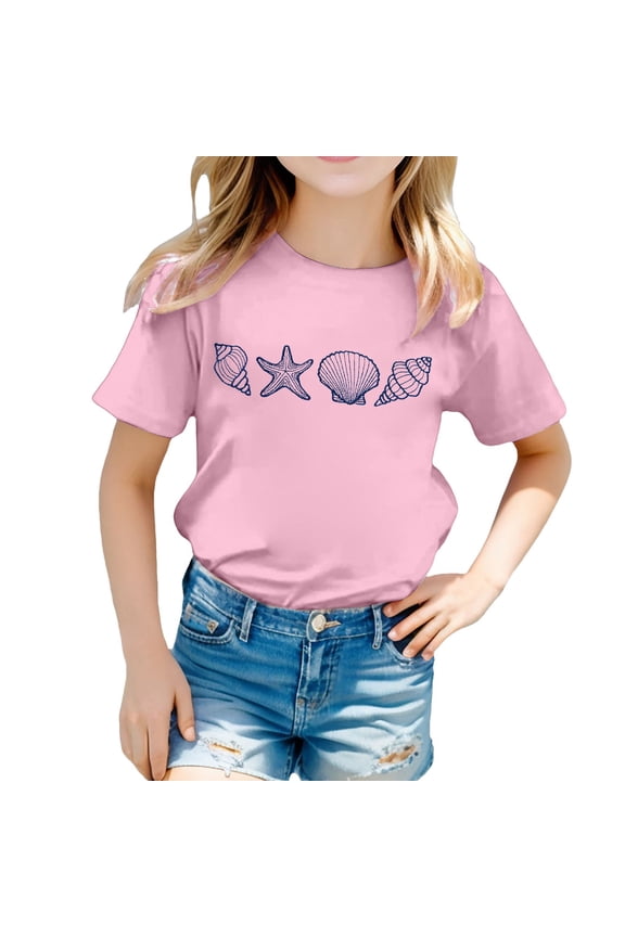 Toddler Girls Tee Tops Shell Starfish Printing Crewneck Short Sleeve Top Casual Wear Trendy Loose Kids Girls Summer Tee Tops,5 -6 Years