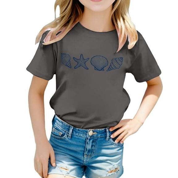 Suilloe Toddler Girls Tee Tops Shell Starfish Printing Crewneck Short Sleeve Top Casual Wear Trendy Loose Kids Girls Summer Tee Tops,6 -7 Years