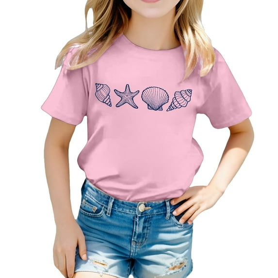 Suilloe Toddler Girls Tee Tops Shell Starfish Printing Crewneck Short Sleeve Top Casual Wear Trendy Loose Kids Girls Summer Tee Tops,6 -7 Years