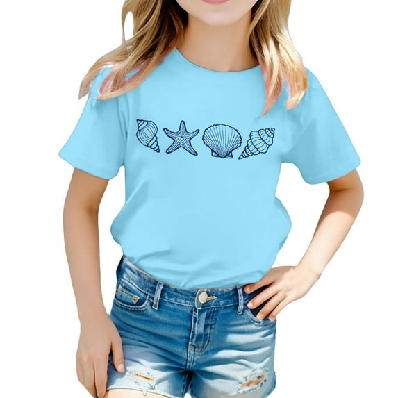 Suilloe Toddler Girls Tee Tops Shell Starfish Printing Crewneck Short Sleeve Top Casual Wear Trendy Loose Kids Girls Summer Tee Tops,6 -7 Years