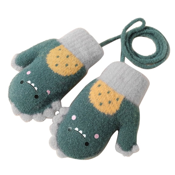 Suilloe Toddler Gloves Thickened Cartoon Dinosaur Knitted Gloves Kids Baby Boys Girls Cold Weather Winter Warm Cute Full-Finger Mittens With Rope