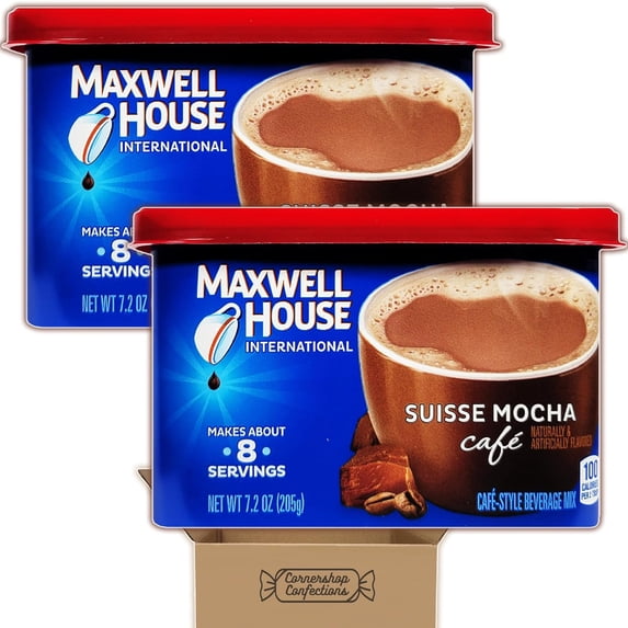 Suisse Mocha Cafe Maxwell-House International Bundle Pack - 2 Pack, Each Container 7.2 Ounces - Cafe Style Beverage Mix - For Breakfast, A Cold Day, All Nighter in Cornershop Confections Pack