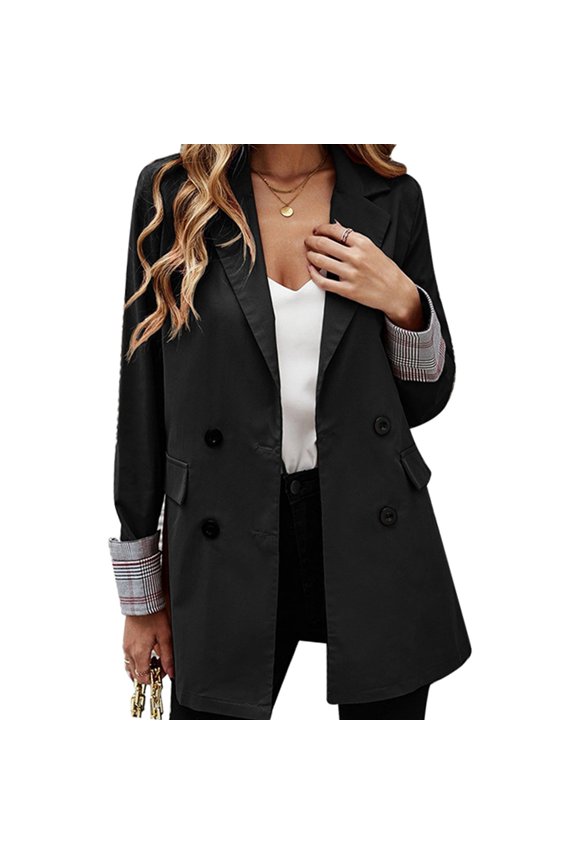Suit Jacket Lapel Button Pure Color Pocket Plaid Rolled Cuffs Long Sleeve Jacket for Women Black XL