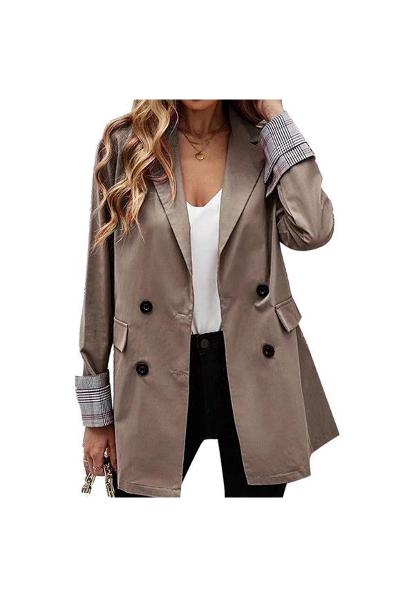 Suit Jacket Lapel Button Pure Color Pocket Plaid Rolled Cuffs Long Sleeve Jacket for Women Khaki L