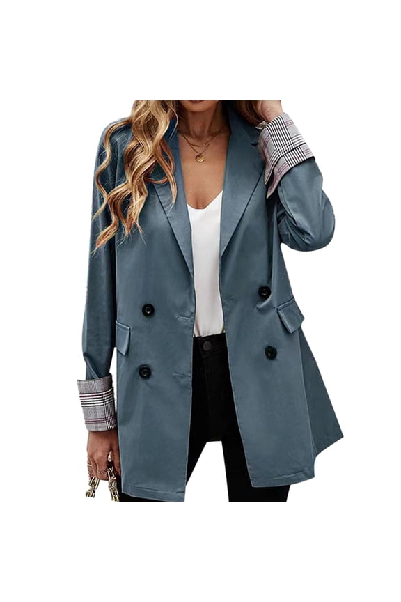 Suit Jacket Lapel Button Pure Color Pocket Plaid Rolled Cuffs Long Sleeve Jacket for Women Peacock Blue S
