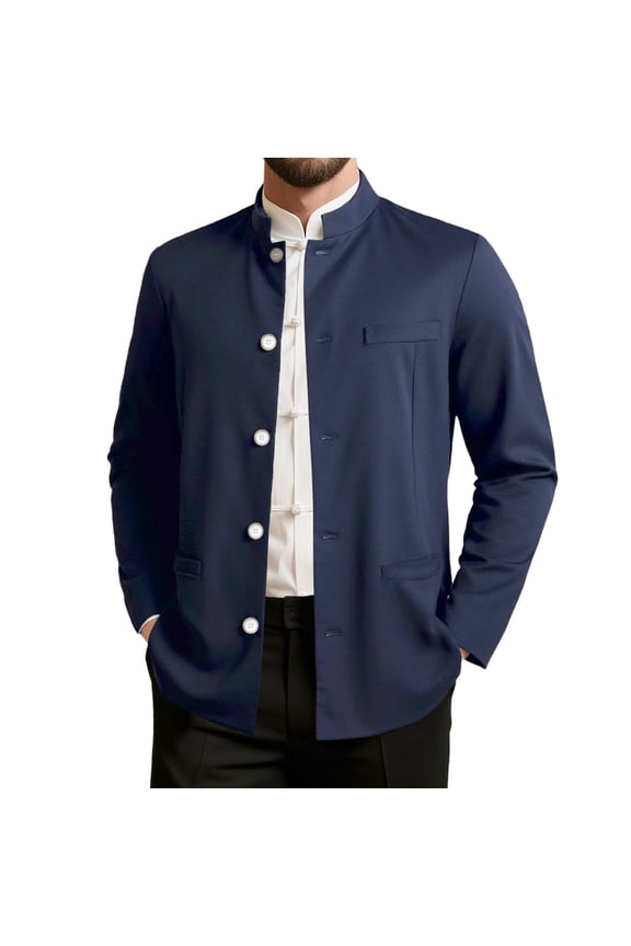 Suit Jacket for Men, Men's Fashion Solid Color Business Stand-Up Collar Long-Sleeve Suit Jacket with Pockets, Slim-Fit, Long Jacket for Men