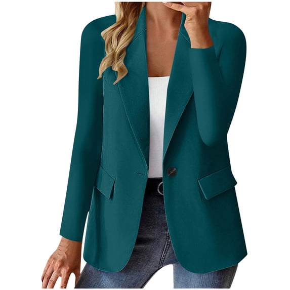 Suit Jackets For Women Lapel Button Down Solid Color Cardigan Casual Lightweight Slim Fit Outwear With Fake Pockets (S, Navy-A)