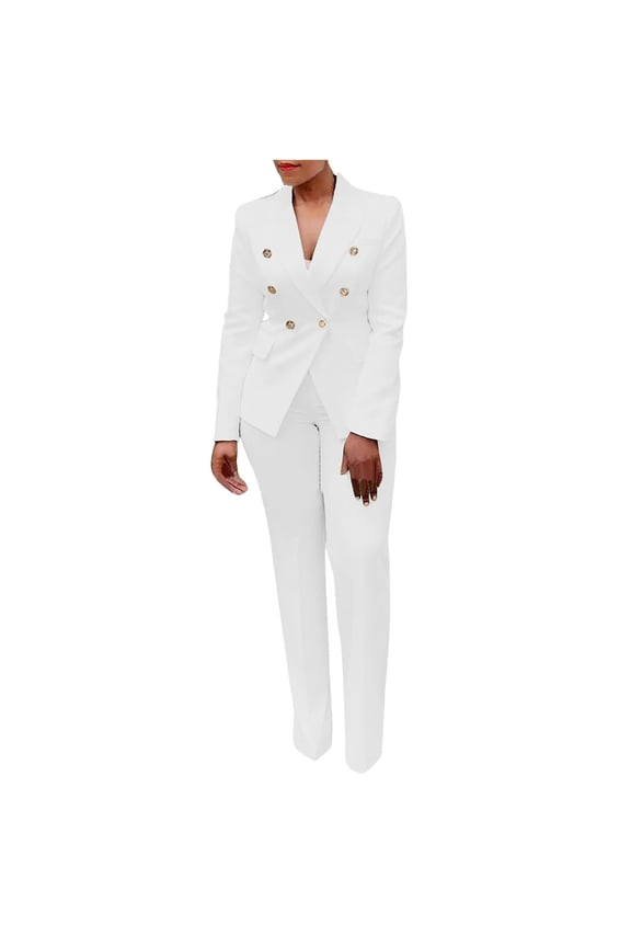 Suit Pants for Women Womens Business Pant Suit Clothing Set Female Long Sleeve Blazer Sets Notched Lapel Neck Business Suit Sets Full Pant Style S_2 Women's Tracksuits White L