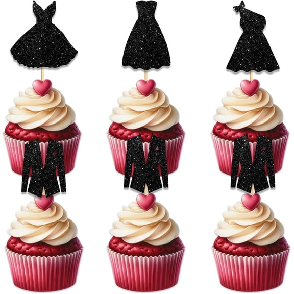 Suit Skirt Cupcake Topper for Bride Groom Marriage Theme Party Favors Decorations Cheer to Bachelorette Bridal Shower Wedding Party Decor Supplies set 10pcs Black Glitter