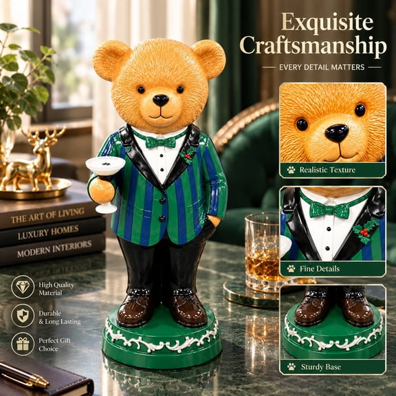 Suit Teddy Bear Figurine with Cocktail Glass Elevate Your Seasonal Styling with This Bear Figurine, A Standout Piece Among Your Christmas Decorations Gift Idea