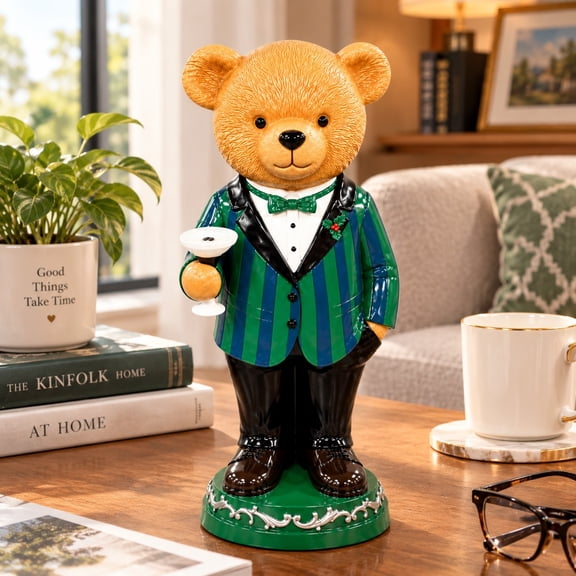 Suit Teddy Bear Figurine with Cocktail Glass, Resin Bear Figurine Holding Cocktail Glass For Home Holiday Decor Housewarming Present