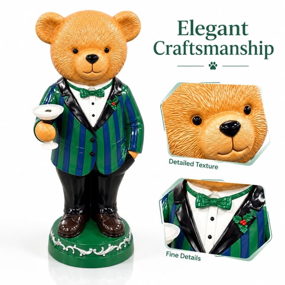 Suit Teddy Bear Figurine with Cocktail Glass, Resin Bear Figurine Holding Cocktail Glass For Home Holiday Decor Shelf Mantle Display