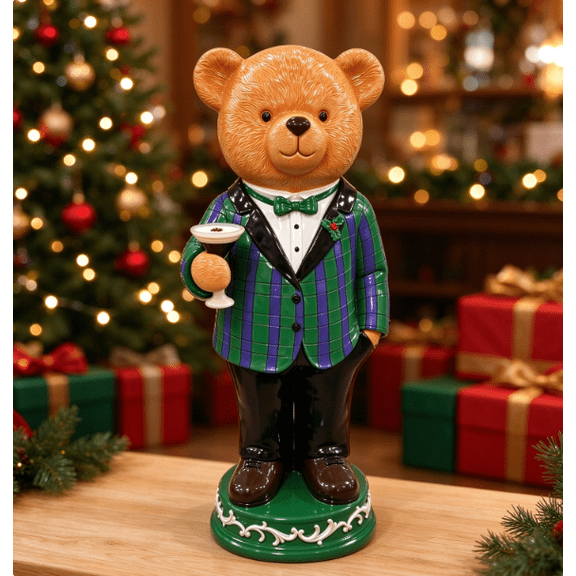 Suit Teddy Bear Figurine with Cocktail Glass, Resin Bear Figurine Holding Cocktail Glass For Home Holiday Decor