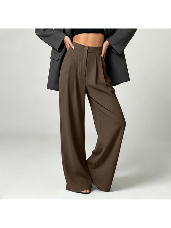 Suit Trousers for Women High Waist Pleated Wide Leg Dress Pants Button Zipper Fly Business Formal Pants Brown S