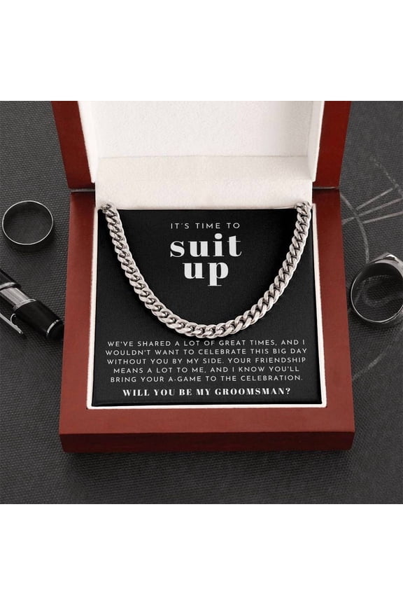 Suit Up Groomsman Proposal Necklace | Bold Cuban Link Chain Necklace Luxury Box