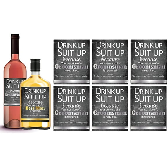 Suit Up Groomsmen Proposal Gold and Silver Foil Stamped Bottle Stickers 7pc