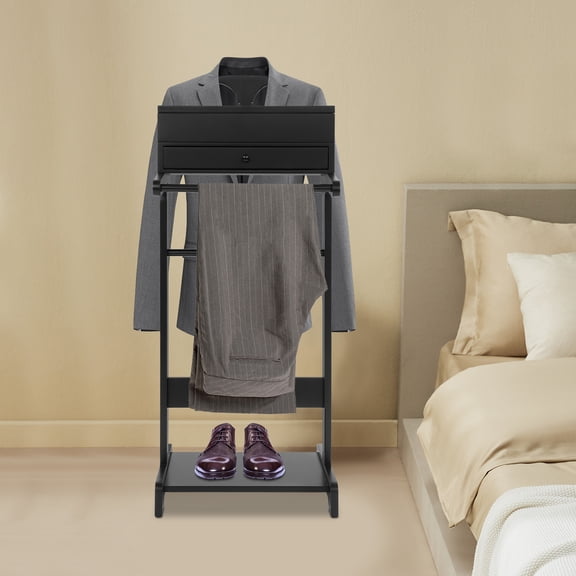 Suit Valet Stand, Clothes Storage Shoe Organizer, Suit Hanger Shoe Rack Black For Bedrooms, Cloakrooms, Guest Rooms, Clothing Stores