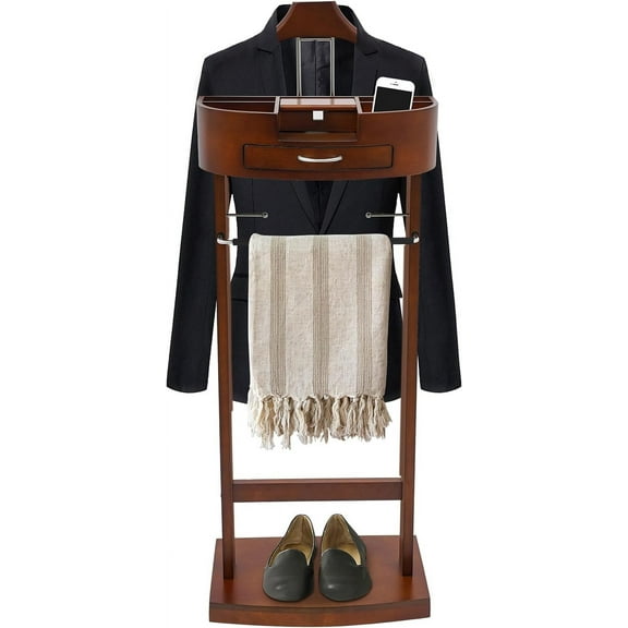Suit Valet Stand Wood Valet Stand for Man, Wooden Clothing Valet Stand with Contour Hanger, Tray, Trouser Bar, Tie Bar and Base, Mens Valet Stand for Entryway Office Living Room (Brown)