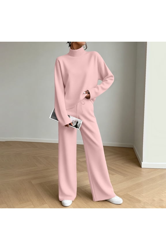 Suit for Women Solid Color Two Piece Sweatshirt Set Long Sleeve Turtleneck Top High Waist Drawstring Wide Leg Pants Casual Warm Outfit for Daily Office Party Vacation