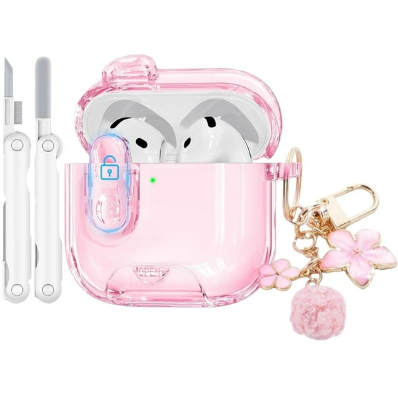 Suitable for 2024 Apple AirPods 3 earphone case, equipped with a safety lock, transparent earphone case and cleaning kit, cute shiny keychain for women, transparent Ink