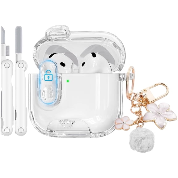 Suitable for 2024 Apple AirPods 4 earphone case, equipped with a safety lock, transparent earphone case and cleaning kit, cute shiny keychain for women, transparent white