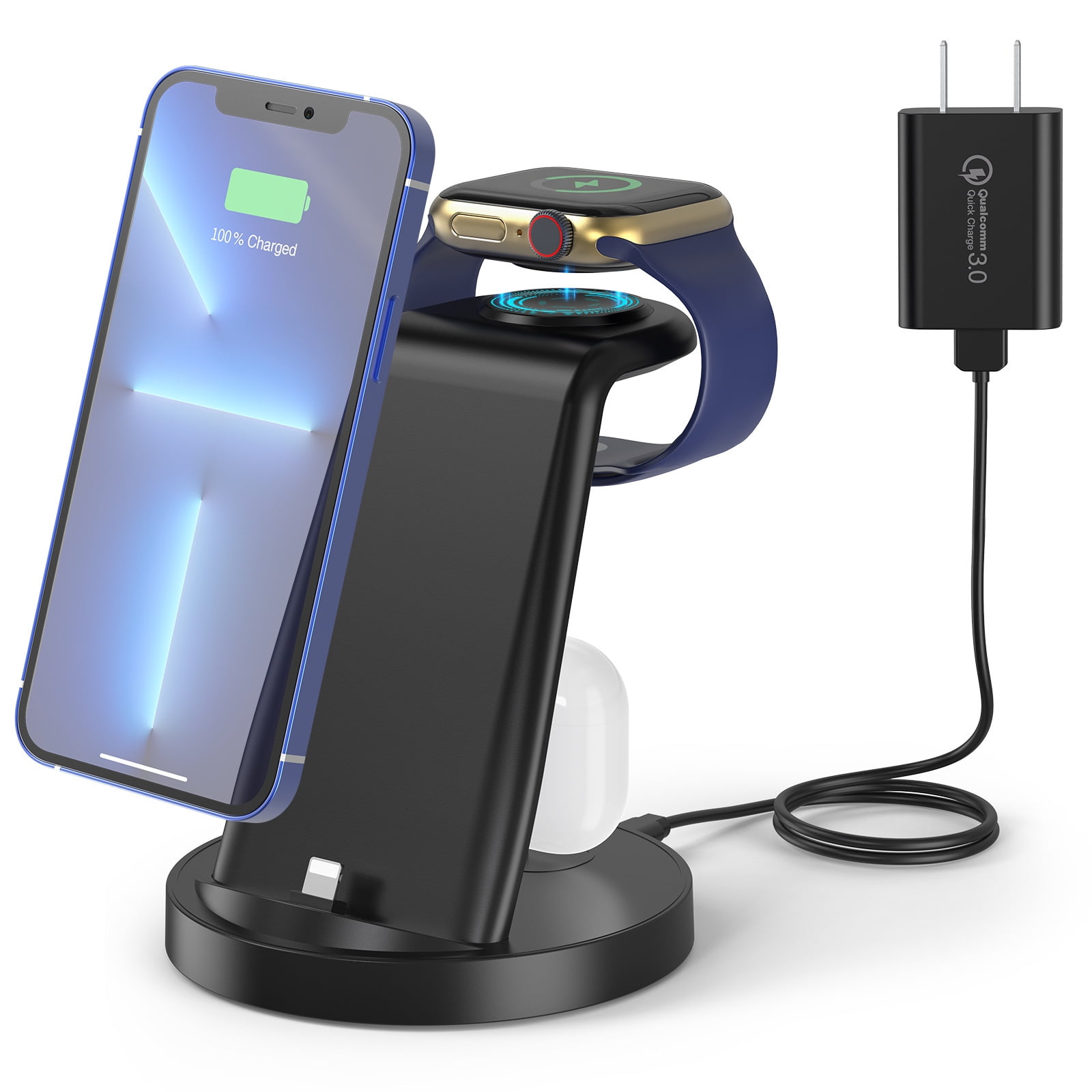 Suitable for Apple Samsung mobile phone headset wireless charging stand three-in-one desktop vertical fast charging wireless charging base,W-04 Apple model,Apple style